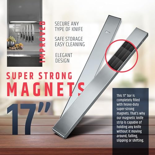 Image of HMmagnets Premium 17 Inch Stainless Steel Magnetic Knife Holder For Wall - Professional Magnetic Knife Strip - Space-Saving Knife Rack /Knife Bar With Powerful Magnetic Pull Force (Upgraded Version)