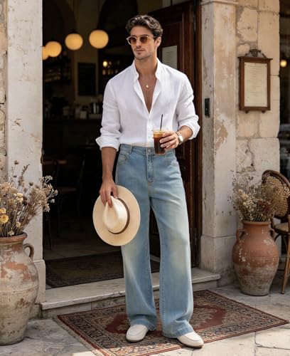 Image of Mens Bootcut Baggy Jeans Stretch Flared Wide Leg Old Money Jeans Lightweight Breathable Vintage Stylish Casual Denim Pants