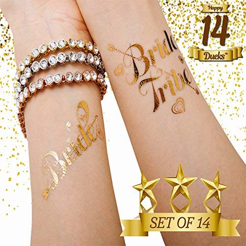 Bachelorette Party Bride and Bride Tribe Gold Temporary Flash Tattoos (Set of 14), Bridal Shower Favors/Supply, Wedding Event Decoration,Bridesmaid Gifts, Girls’ Night,Long-Lasting Waterproof