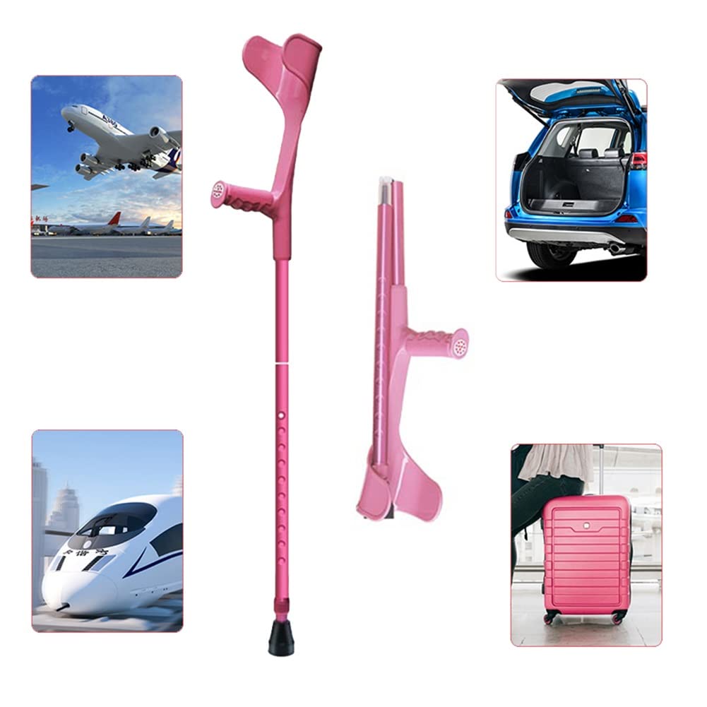 1 Par Plegable Muletas Ortopédicas, Bastones Ligeros de Aluminio con Asas Ergonómicas, Muletas para Caminar Rosa para Mujeres, Altura Aplicable 145-185cm