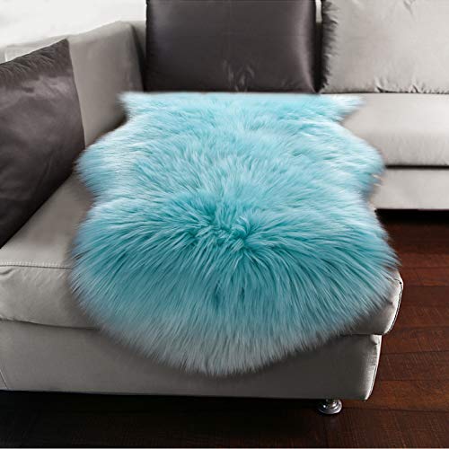 YJ.GWL Soft Blue Fluffy Faux Fur Sheepskin Area Rug for Bedroom Sofa Cover