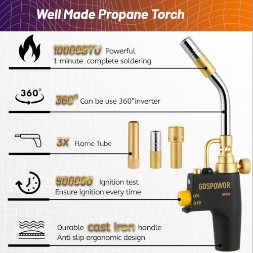 Image of Propane Torch Gun with 3 Nozzles, Propane Torch Head Fuel by Propane, MAPP, Turbo Gas Torch Kit, Welding Torch,Trigger Start Map Gas Torch Head with Igniter,Propane Torch,Blow Torch(Fuel Not Included)