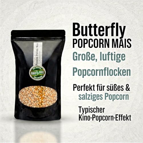 Hopser Food Fun Premium Butterfly Popcorn Mais 1000g XL 1:46 Popvolumen mit Aromaschutzverpackung GMO Frei
