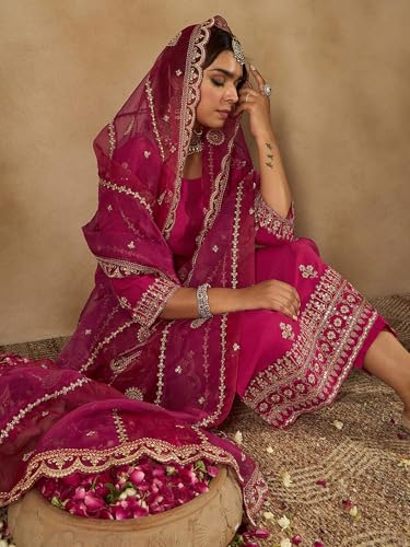 Image of INDO ERA Women's Silk Blend Embroidered Straight Kurta Pant with Dupatta (Iestr6307)