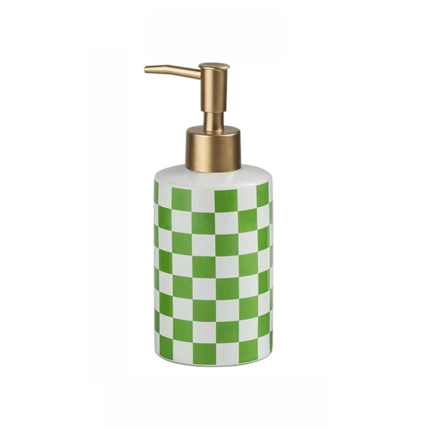 Yuue Green Empty Barthroom And Dish Liquid Refillable Soap Dispenser With Checkerboard Pattern And Gold Pump Decor For Counter(Green)