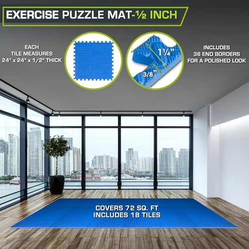Image of ProsourceFit Exercise Puzzle Mat 1 /2-inch, EVA Interlocking Foam Floor Tiles for Home Gym, Workout Equipment, Kids Play Areas, Blue, 72 SQ FT - 18 Tiles