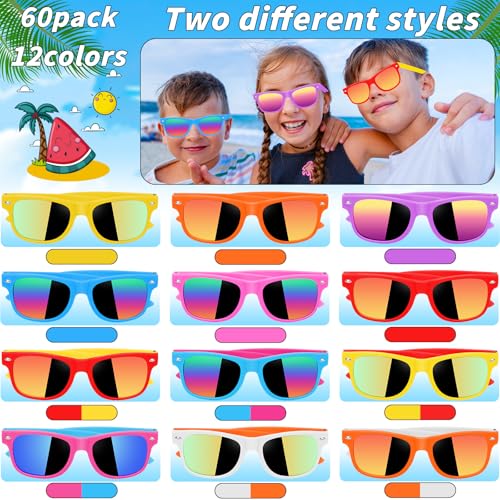 60 Pack Kids Sunglasses Bulk Party Favors, Summer Party Supplies for Boys Girls, Neon Party Sunglasses for Kids, Pool Beach Party Favors, Gift for Birthday Party Outdoor Activity Age 3-82