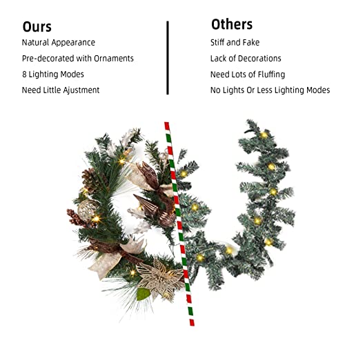 6ft Christmas Garland, Pre-Lit Xmas Garland with Lights, Battery Powered Christmas Garland with Pine Cones, Berries, Bows, Flowers, Ball Ornaments for Fireplace Mantle Decor, Brown