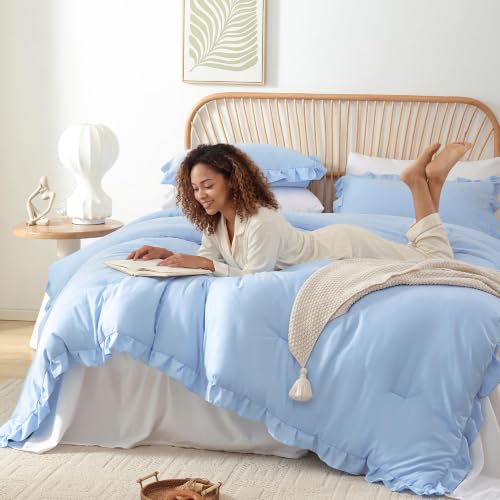 Image of JANZAA Light Blue Comforter Set Full - Soft Microfiber, Lightweight All Season Bedding, Ruffle Shabby Chic Aesthetic, Breathable Cozy Bed Set with 2 Pillow Shams, Machine Washable
