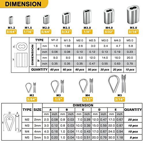 Sanuke SET340PK 340Pcs Stainless Steel Wire Rope Cable Thimbles Aluminum Crimping Loop Sleeve 3/64'' 1/16'' 5/64'' 3/32'' 3/16'' thumb #1