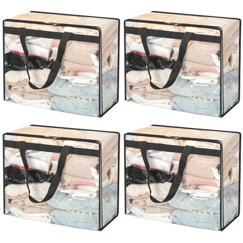 KOMABLEN 4 Stück Transparente Plastik Aufbewahrungstasche, 40L Aufbewahrungsbox mit Reißverschlüssen Griff, Taschen Aufbewahrung Umzugstaschen Storage Bag Umzug für bettdecken, Kleidung, Bettwäsche