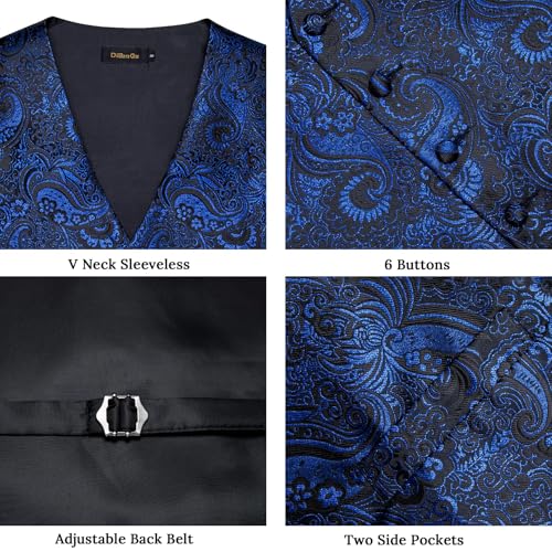 DiBanGu Mens Vest and Tie Set Formal Paisley Waistcoat and Necktie Pocket Square Cufflinks Silk Suit Vest for Tuxedo Wedding, Royal Blue and Black, X-Large4