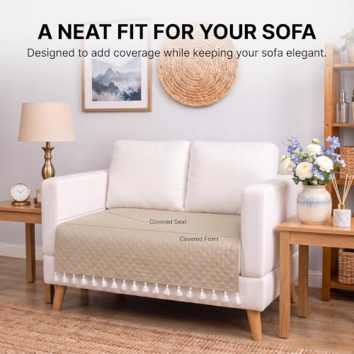Image of BSB HOME 300 TC Premium Sofa Cover, Quilted Sofa Seat Cover with Decorative Tassels, Soft Comfortable Couch Protector, Stylish Furniture Cover for Living Room, 60 x 48 Inches (152 x 122cm) - Warm Sand