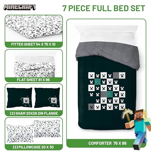 Image of Minecraft Creeper Full Comforter Set 7 Piece Video Game Bedding, Green | Zombie Enderman, Comforter Sheets Shams Pillowcases, Official Product, Soft Microfiber, Machine Washable, Kids Gift
