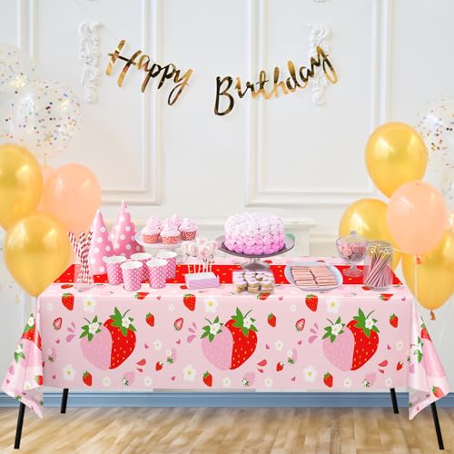 Image of WNINK 4 Pack Strawberry Tablecloths Strawberry Berry Sweet One Table Covers for Birthday Party Decoration Berry Sweet Baby Shower Party Supplies 54 inch x 108 inch