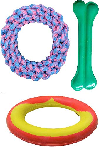 KOKIWOOWOO Cotton Rope, Rubber Ring and Bone Dog Chew Toy for Small to Medium Dogs - Interactive Teething Rope Toy to Play Pack of 3 Cotton, Rubber Chew Toy, Fetch Toy, Tough Toy for Dog