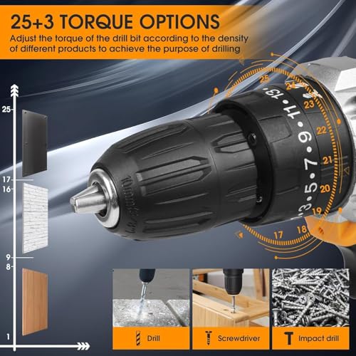 Image of 21V Cordless Drill Machine with Double Lithium Battery | 29 Pcs Power Tool Kit with Drill Bits & Accessories | Rechargeable Electric Drill Driver for Home DIY Repair & Maintenance