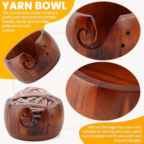 Image of Yarn Bowl Holder, Wooden Knitting Bowl with 6pcs Crochet Hooks, 50pcs Crochet Stitch Markers, Large Yarn Holder Dispenser for Mom & Knitting Lovers