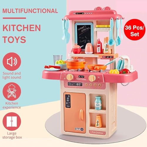 Image of K D Very Big Size Kitchen Playset with Premium Material 36-Piece for Kids, with Realistic Lights & Sounds, Play Sink with Running Water, Dessert Shelf Toy & Kitchen Accessories Set
