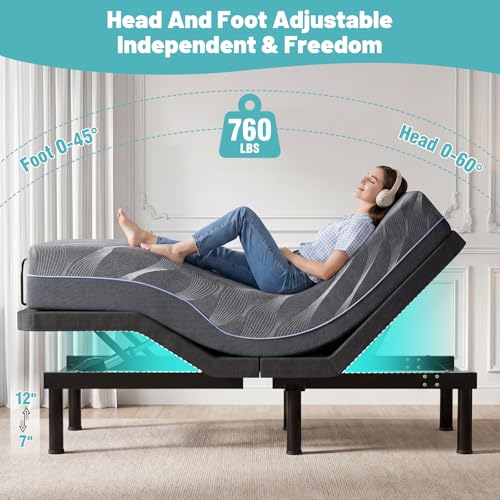Image of Vipbear Premium Split King Adjustable Bed Frame with 12 inch Mattress, Zero Gravity, Wireless Remote & & Head-Foot Incline & Built-in USB Ports, Black