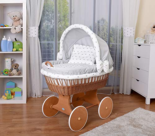 WALDIN Stubenwagen-Set mit Ausstattung,XXL,Bollerwagen,komplett,25 Modelle wählbar,Gestell/Räder lackiert,Stoffe grau/Sterne Cover