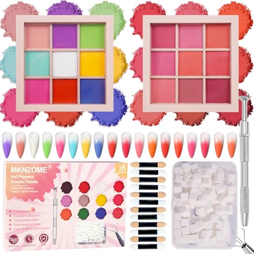 Image of 18 Colors Nail Pigment Powder Palette, Pigment Powder for Nails Set and Nail Art Sponges with Grabbing Pen, Ombre Aura Pigmentos para Unas, D+F