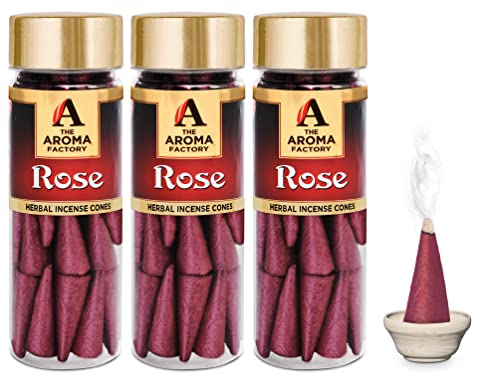 Image of The Aroma Factory Incense Dhoop Cone, Rose (100% Herbal & 0% Charcoal) 3 Bottles x 30 Cones