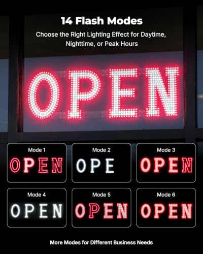 Image of 40 x 12 Inch LED Open Sign for Business - Timer via BT APP & Remote Control, Ultra Bright Large Open Sign with 14 Flash Modes, 6 Dimming Levels & 6 Speed Control for Salon Cafe Restaurant (Red & White)