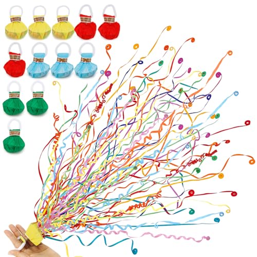 12 Pack No Mess Streamers Colorful Hand Thrown Streamer Poppers Confetti Streamers Party Poppers with Ribbons No Mess Confetti Poppers for Wedding Birthday Graduation Celebrations Party Favors