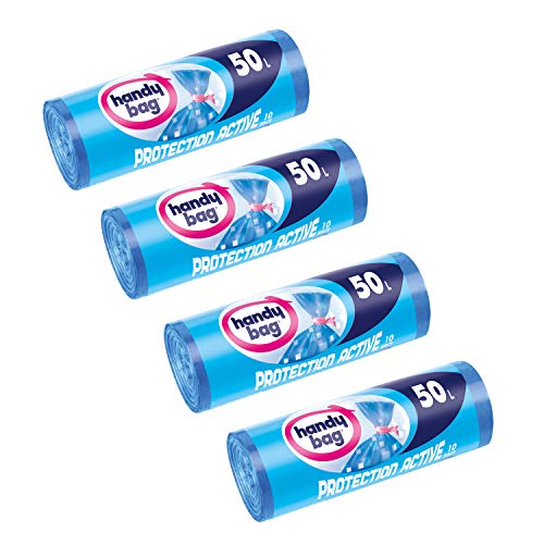 Handy Bag 4 Rouleaux de 10 Sacs Poubelle 50 L, Fermeture à Liens, Protection Active Anti-Bactérienne, Anti-Fuites, 68 x 80 cm, Bleu, Opaque