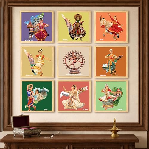 Image of Indian Classical Dance forms Wall Art Paintings with Frame For Living Room | Traditional Indian Dance Culture Framed Wall Art Paintings for Home, Set of 9, (9x9 Inch)