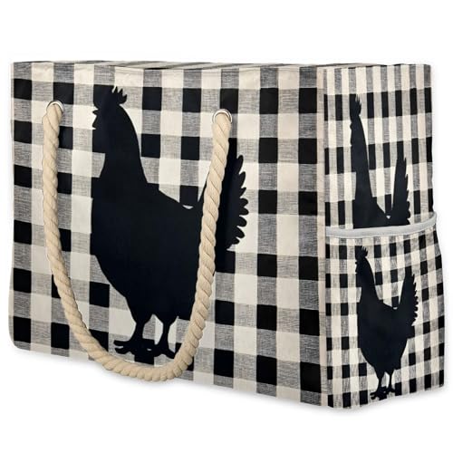 Chicken Hen Large Tote Beach Bags for Women with Zipper Buffalo Check Plaid Waterproof Sandproof Gym Swim Pool Grocery Travel Bag