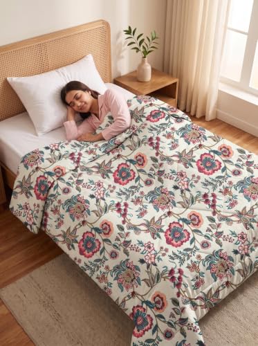Image of Mafatlal 120 GSM Tulip Reversible Single Bed AC Comforter | Luxurious Microfiber Blanket for All Seasons | Ultra Soft Lightweight Breathable Bed Quilt Rajai | 154 x 228 cm | Chintz Beige