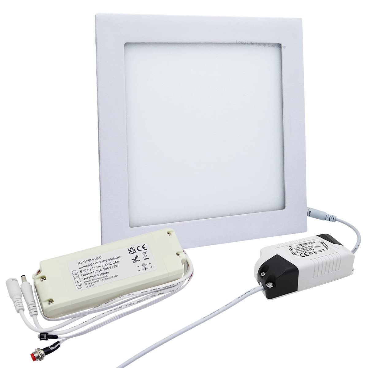 Long Life Lamp Company Light/White 18W Led Panel Recessed With 3 Hour Emergency Battery Pack Cool 6500K Square Ceiling Panel