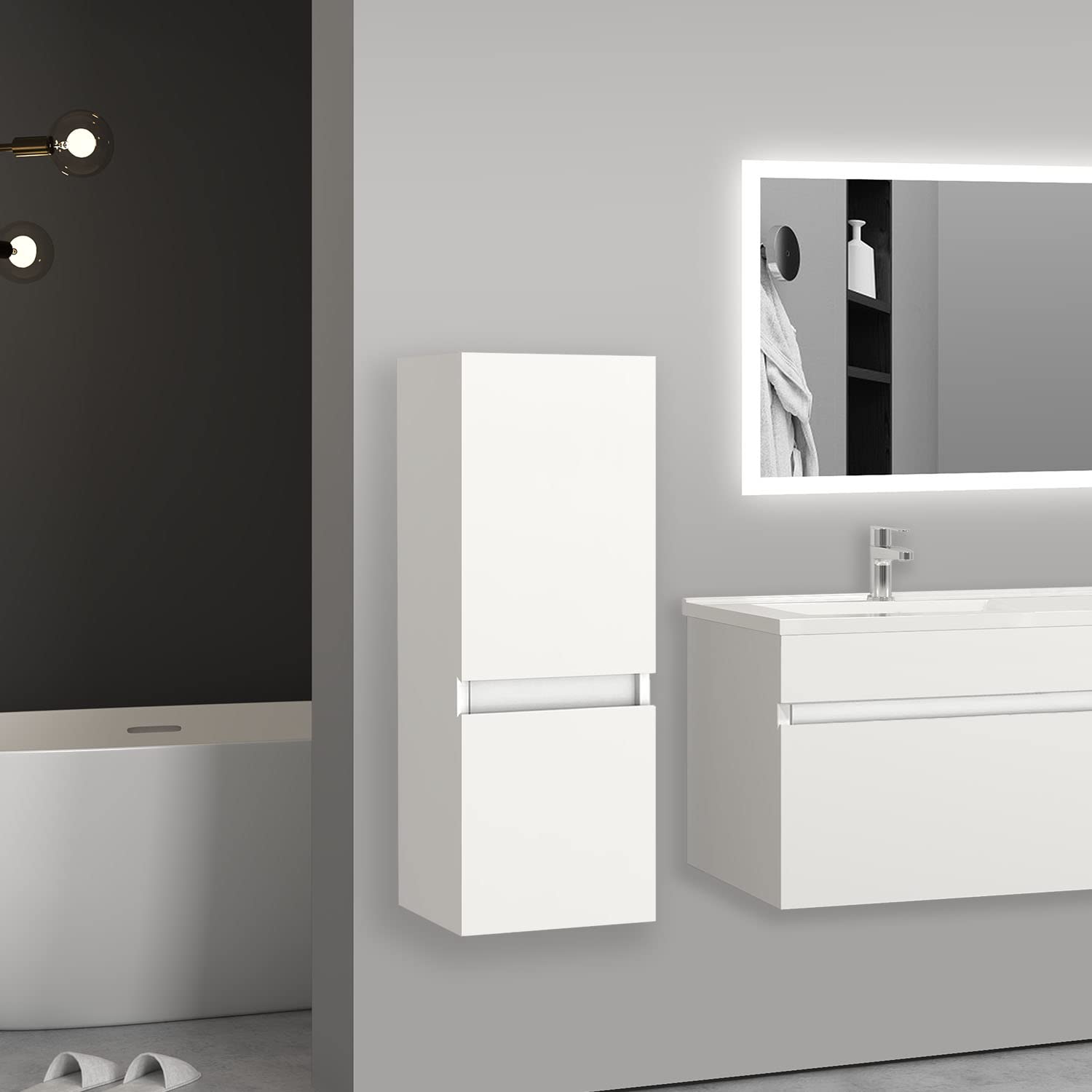 AICA sanitaire Ensemble de Meuble Salle de Bain Blanc Clair 99cm+Vasque+Miroir+Colonne Meuble Salle de Bain-Armoire de Rangement-Meubles-lavabos
