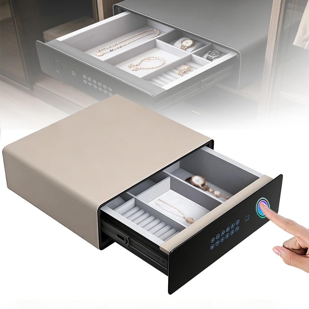 Fingerprint Jewellery Box with Drawers, Biometric Safe Box, Camouflaged Slide with Digital Keypad, Supports 40 Fingerprints 10 PIN Codes, for Storing Valuables(D White)