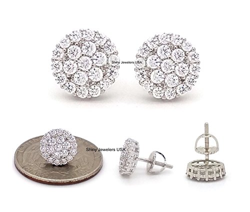 Mens Iced Out White Gold Silver Finish Cubic Zirconia CZ 10mm Round Flower Stud Earrings