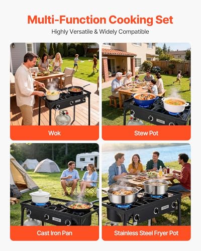Image of VEVOR 3 Burner Outdoor Propane Gas Stove, 225,000 BTU Propane LPG Gas Camping Stove, Heavy-duty Carbon Steel Outdoor Cooker, with Shield & Tall Stand & Regulator, for BBQ Camp Home Patio Backyard