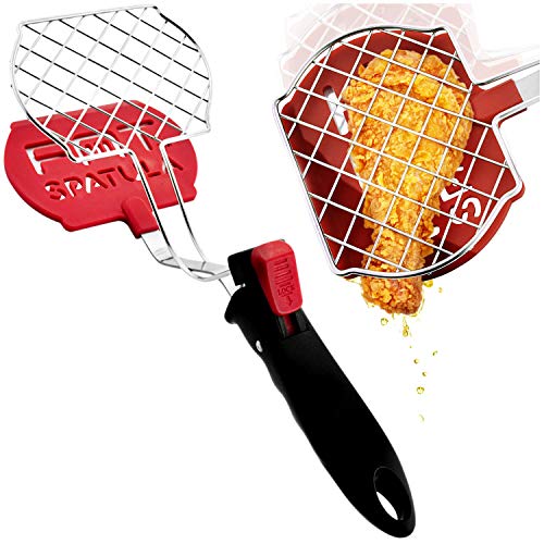 Fat Spatula Kitchen Tongs & Flipper 3-In-1 Turner Separator Diet Tool - Nonstick Nylon & Stainless Steel Strainer Grid for Unique Cooking Control and Fun Multitool Home Gadgets