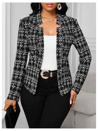SOLY HUX Women's Plaid Tweed Blazer Elegant Open Front Long Sleeve Business Work Suit Jackets3