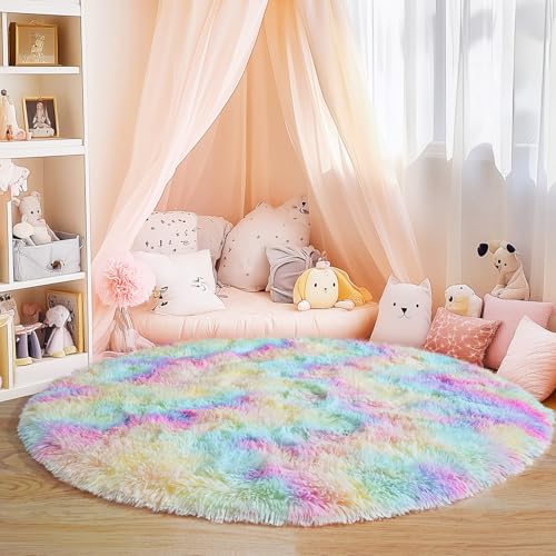 5'x5' Rainbow Round Rugs for Girls Bedroom, Ultra Soft Fluffy Circle Rug for Kids Room, Cute Shag Rugs for Living Room Playroom Tent Castle Home Decor Rug