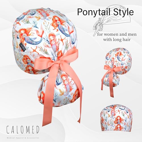 Image of Scrub Cap for Women and Men, Ponytail Scrub Caps, Working Hat, Head Cover with Ribbon Ties and Buttons, Long Hair