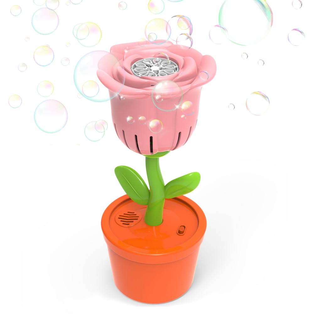 Fesjoy Bubble Blower Automatic Bubble Machine 360° Leak-Proof Design Rechargeable for Birthday Party Interactive Events Rose Flower Shaped (Pink)
