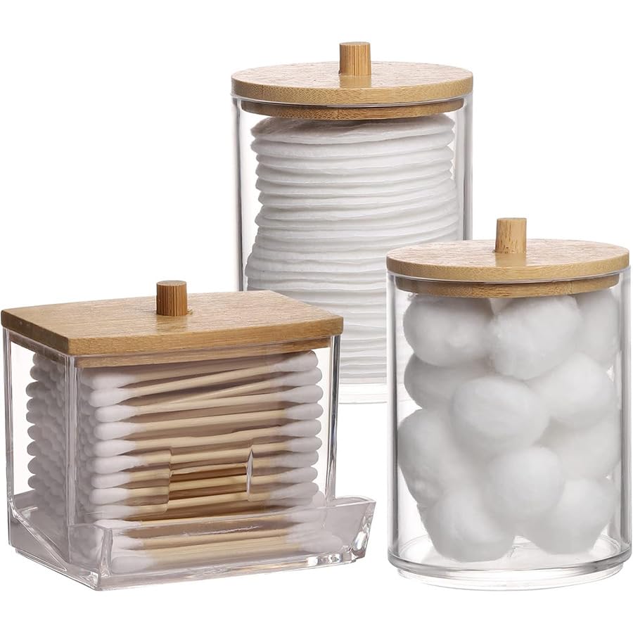 3 peças de suporte de cotonete de algodão com tampas de madeira natural, frascos organizadores de banheiro transparentes para bolas de algodão, boticário resistente a quebras