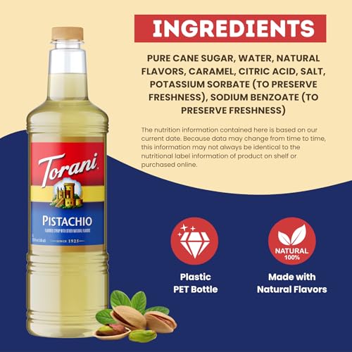 Image of Torani Pistachio Syrup 1L with Pump Nutty Flavoring for Lattes & Cocktails