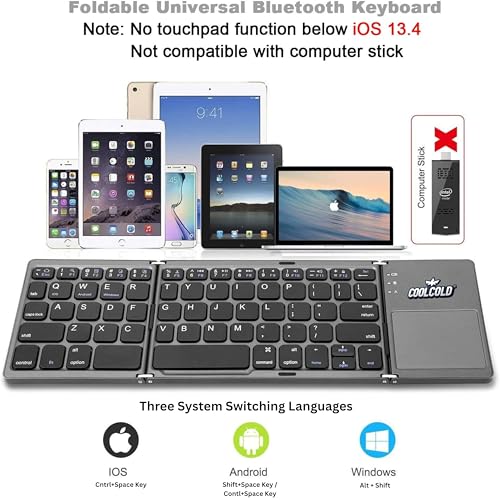 Image of COOLCOLD Foldable Bluetooth Keyboard with Touchpad - Tri-Folding Portable Wireless Keyboard, Rechargeable Full Size Ultra Slim Pocket-Sized Folding Keyboards for Android Windows iOS Tablet & Laptop