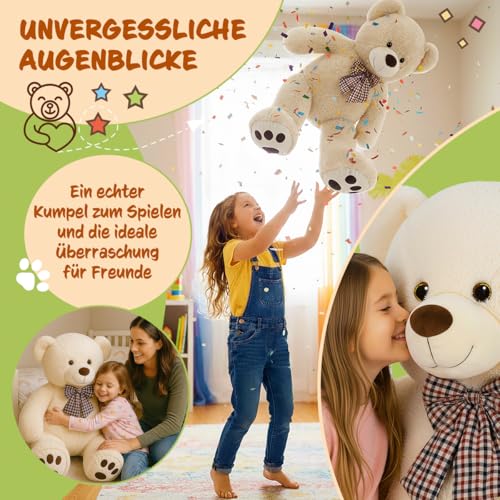 monzana® Teddybär L - XXXL 50-175cm Weiches Fell Schleife Tatzendruck Geschenk Plüschtier Kuscheltier Stofftier Riesen Teddy Bär