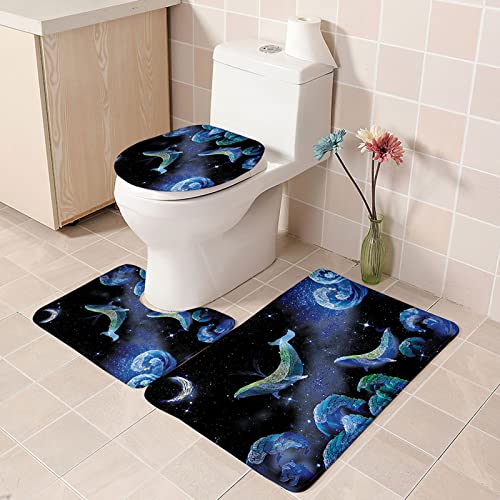 3 Teilig Badematte Set Blauwal 3D Badematten Set rutschfest, Badezimmerteppich,U-förmiger WC-Vorleger,WC-Deckelbezug für…