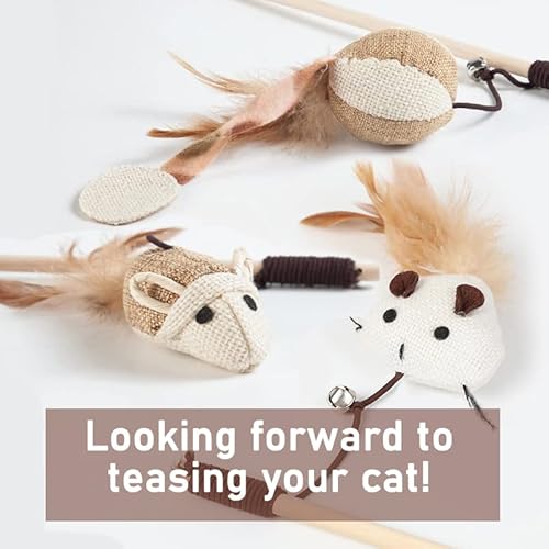 Rozzwild Cat Teaser 3 Pcs Interactive Cat Toys Set Mouse Hamster Balloon 16 Inch (40 Cm) Cat Charmer Wand Sturdy Natural Wood Rod Organic Hemp Cord Feather Elastic Rope Small Bell Catnip Lollipop #TOP1
