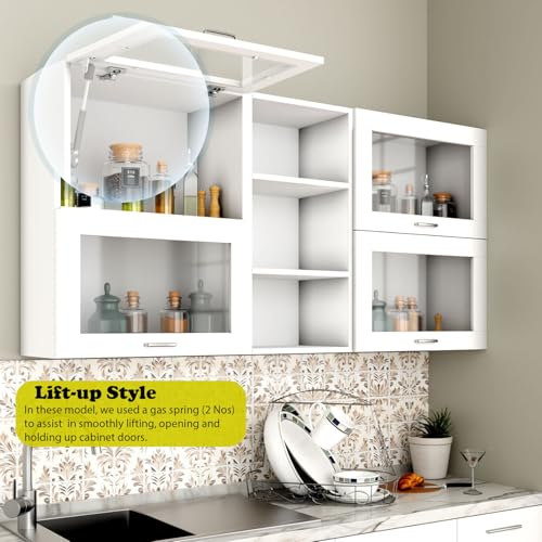 Image of VIKI Furniture Modular Kitchen Wall Cabinet with Acrylic Glass Flip-Up Gas Spring Door & Open Shelf, Space Saving Spice Rack, 30 x 200 x 80 cm, Frosty White, 1 Year Warranty